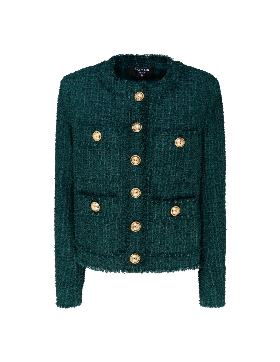 Collarless green tweed jacket