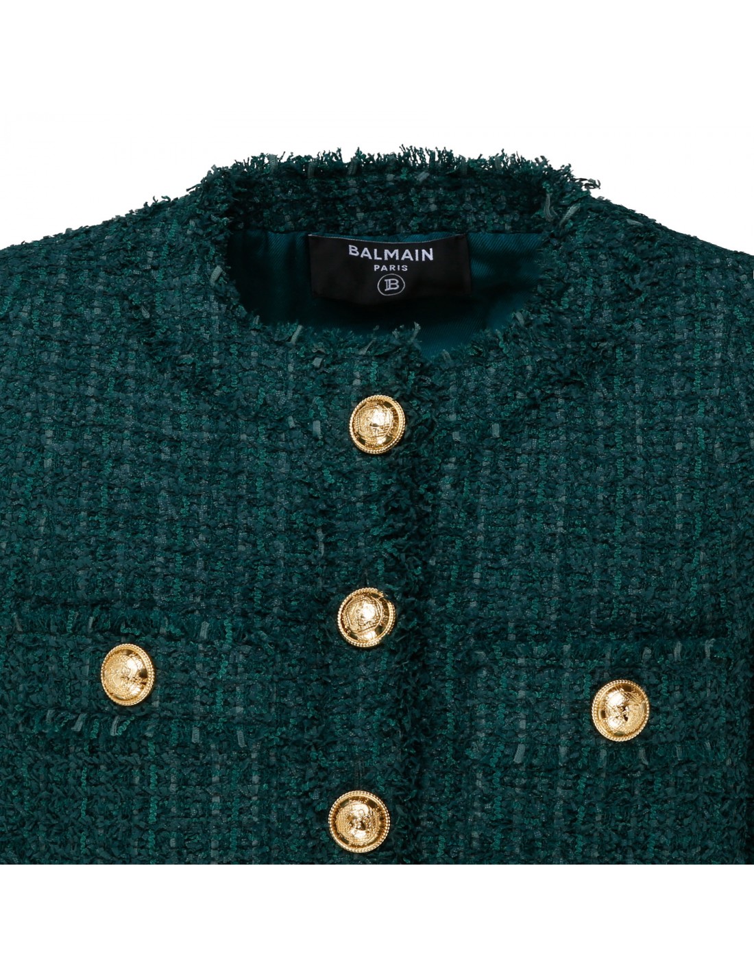 Collarless green tweed jacket