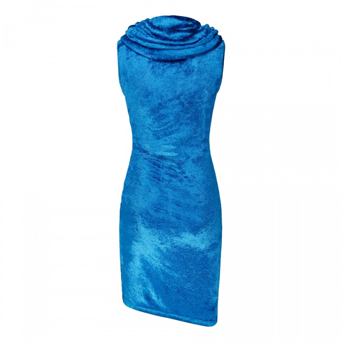 Blue shiny velvet mini hood dress