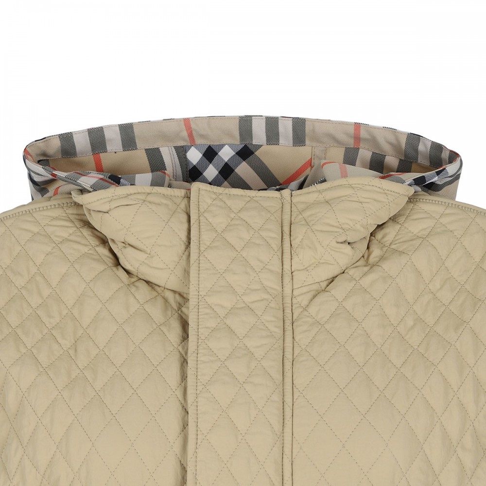 Check hood quilted nylon jacket