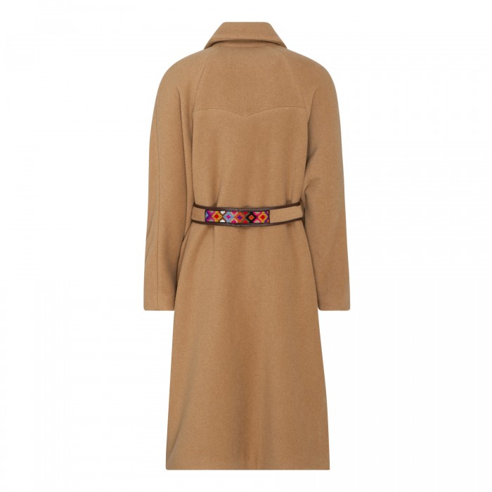 Camel-hue wool coat with fringes