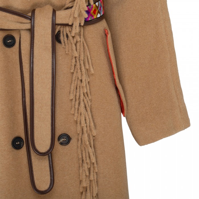 Camel-hue wool coat with fringes