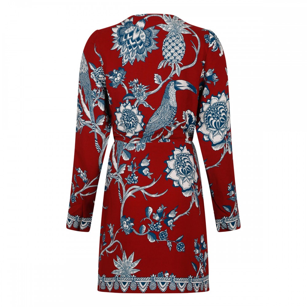 Red tropical landing wrap mini dress