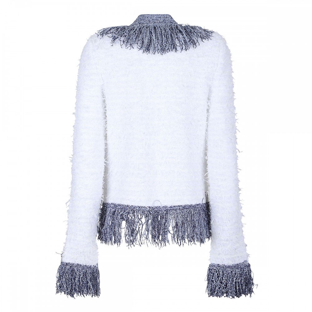 Collarless metallic fringed tweed jacket