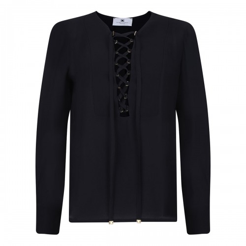Black lace-up blouse