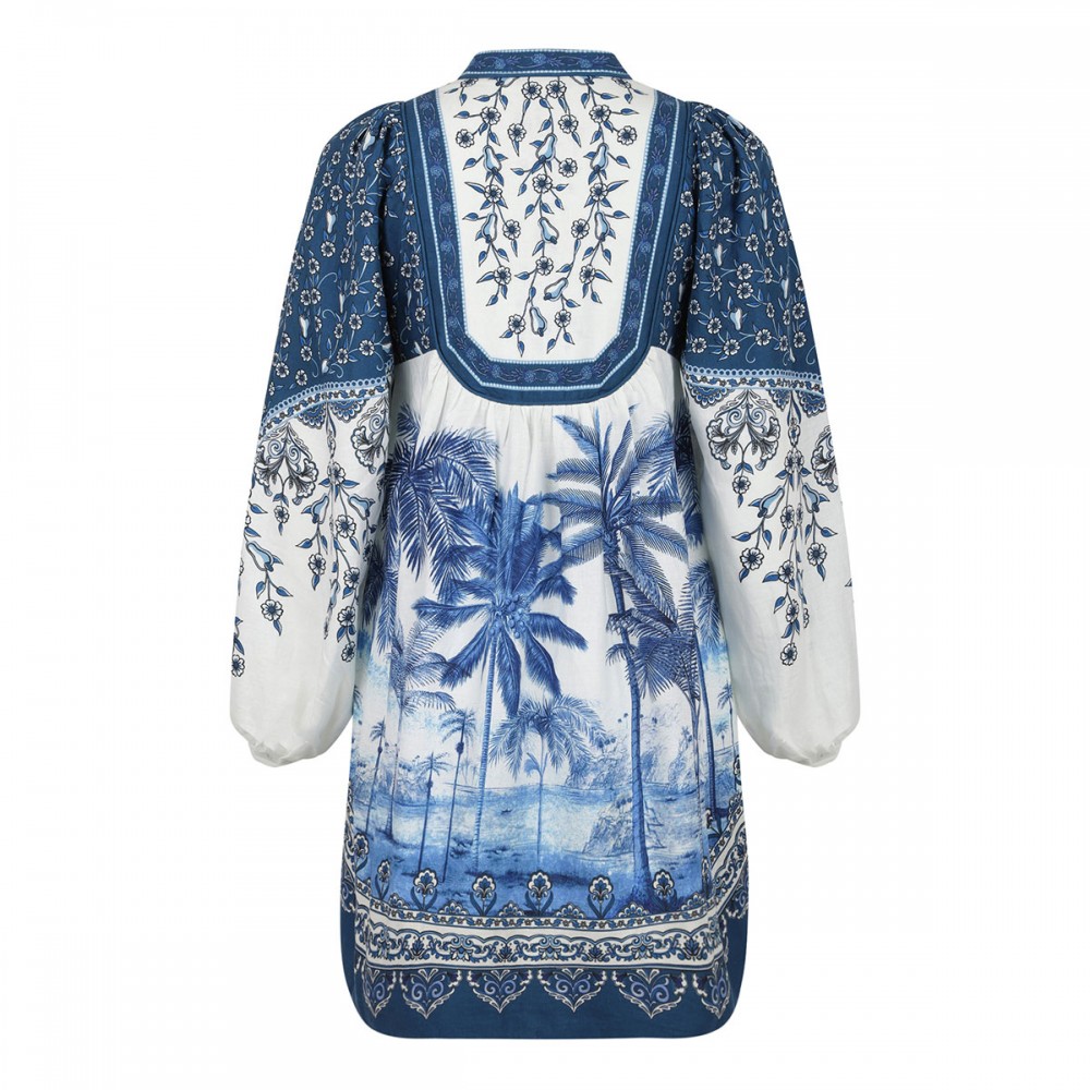 Palm tree print linen blend dress