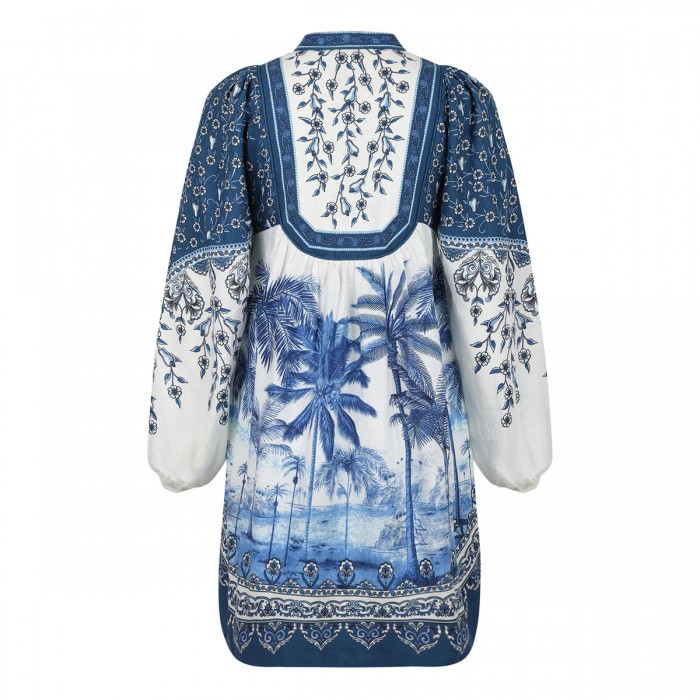 Palm tree print linen blend dress