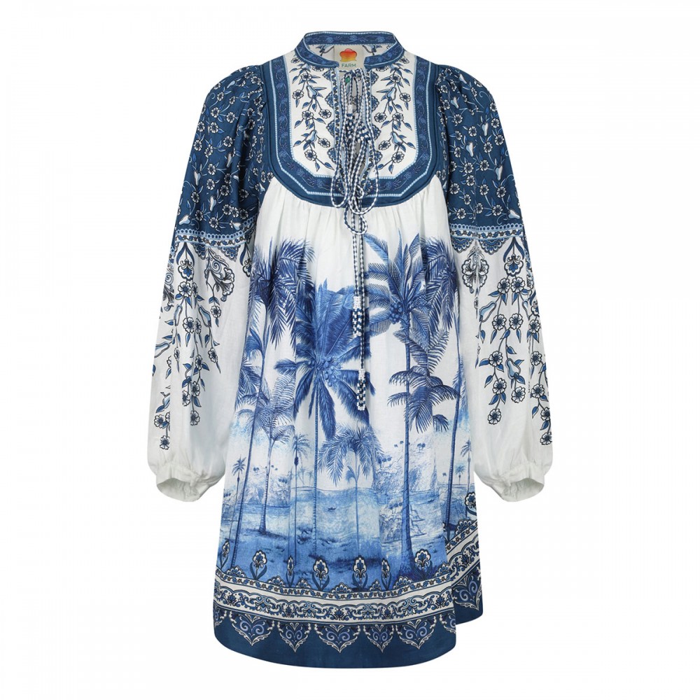 Palm tree print linen blend dress