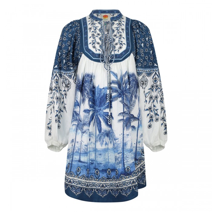 Palm tree print linen blend dress