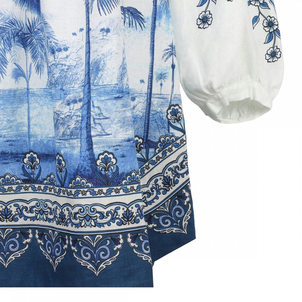 Palm tree print linen blend dress