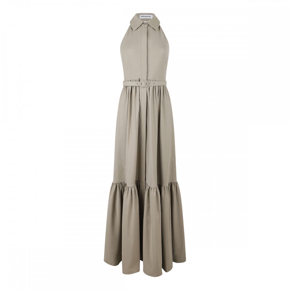 Beige sleeveless twill maxi dress
