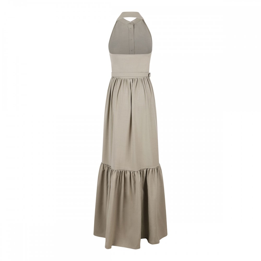 Beige sleeveless twill maxi dress