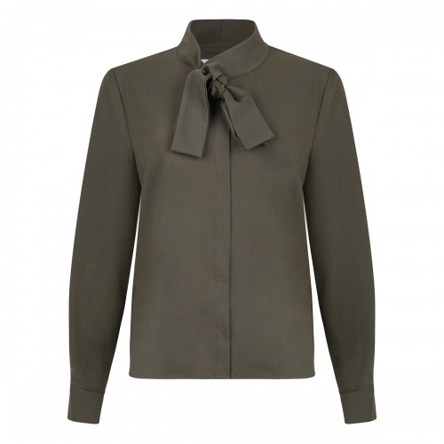 Khaki twill pussy bow blouse