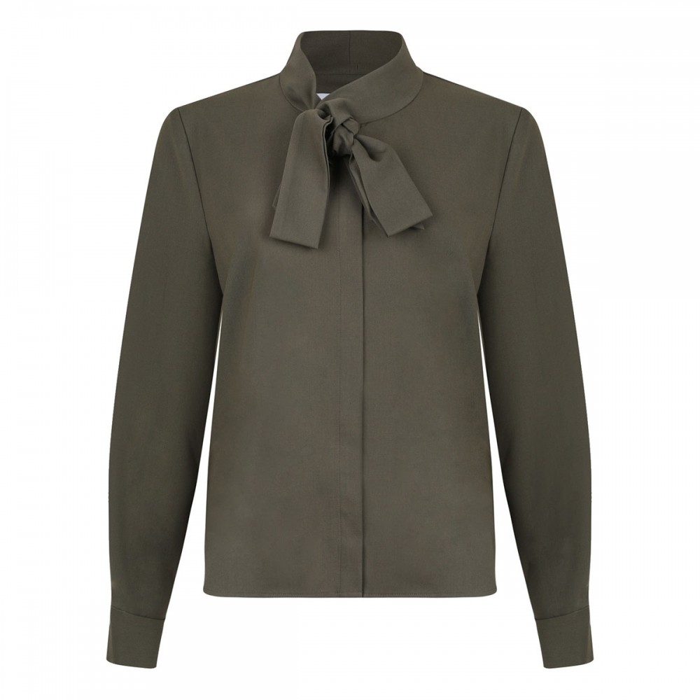 Khaki twill pussy bow blouse