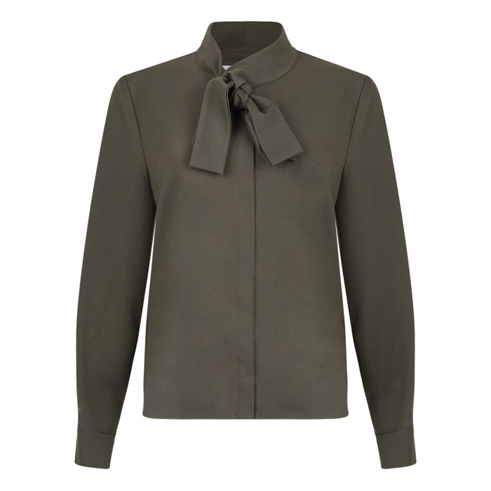 Khaki twill pussy bow blouse