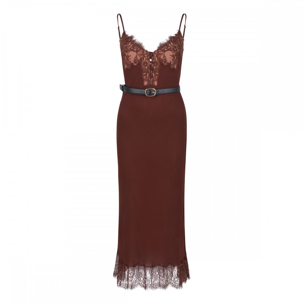 Brown lace insert midi dress