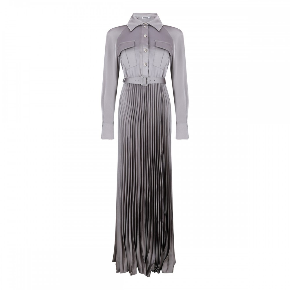 Gray satin pleated maxi dress