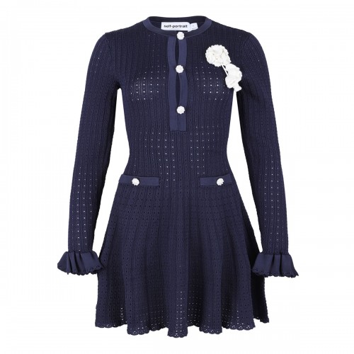 Navy pointelle knit mini dress