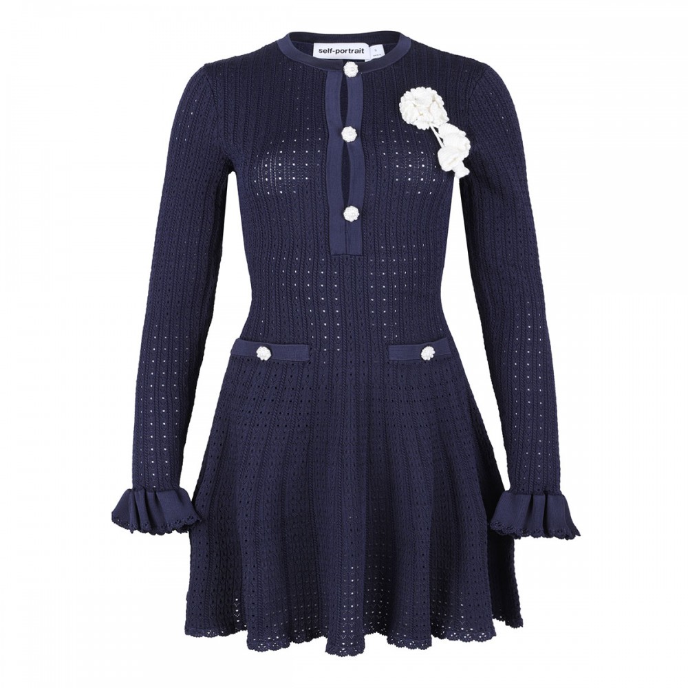Navy pointelle knit mini dress