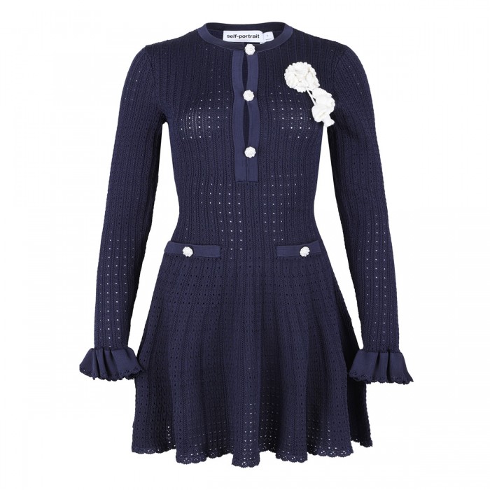 Navy pointelle knit mini dress