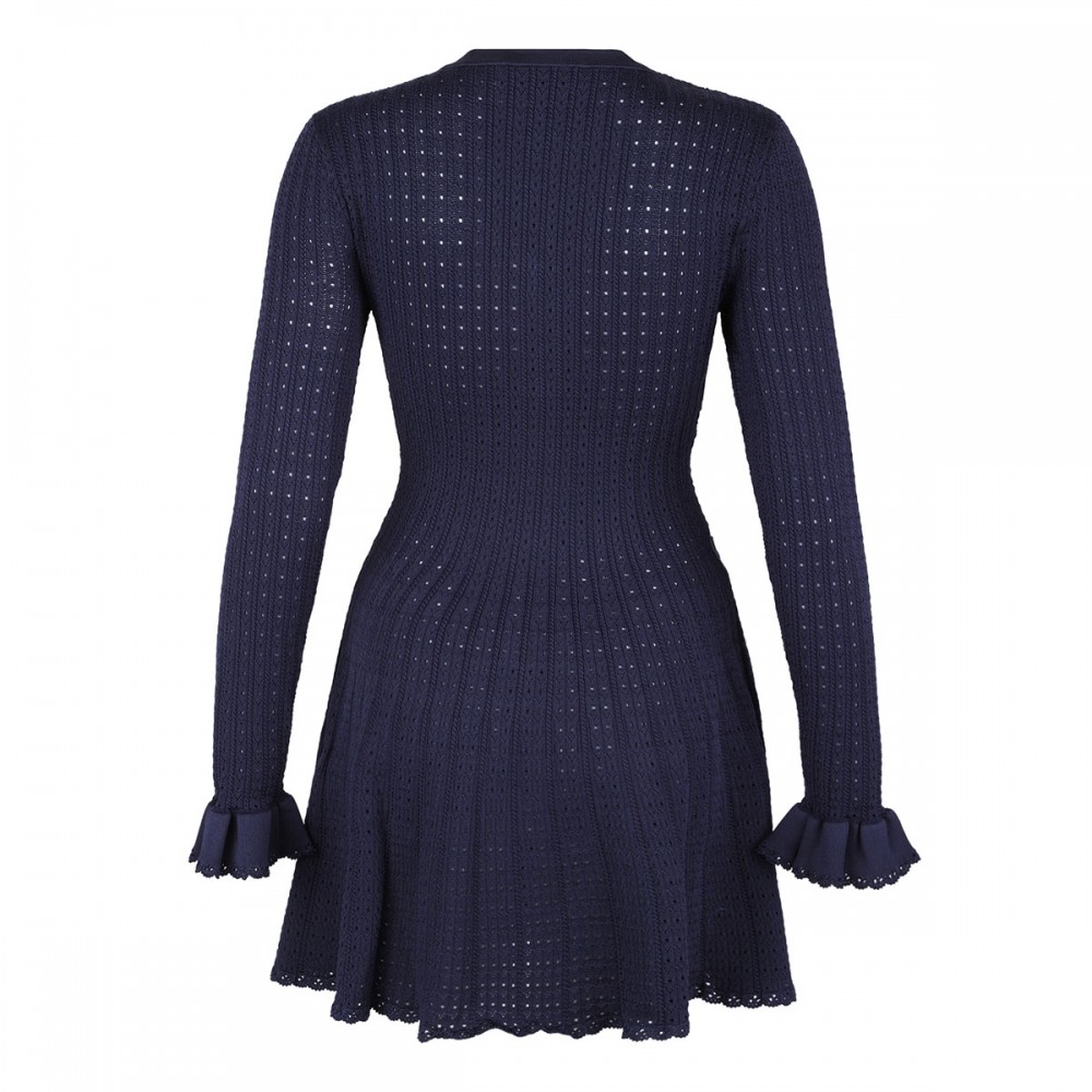 Navy pointelle knit mini dress