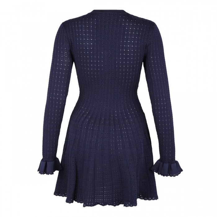 Navy pointelle knit mini dress