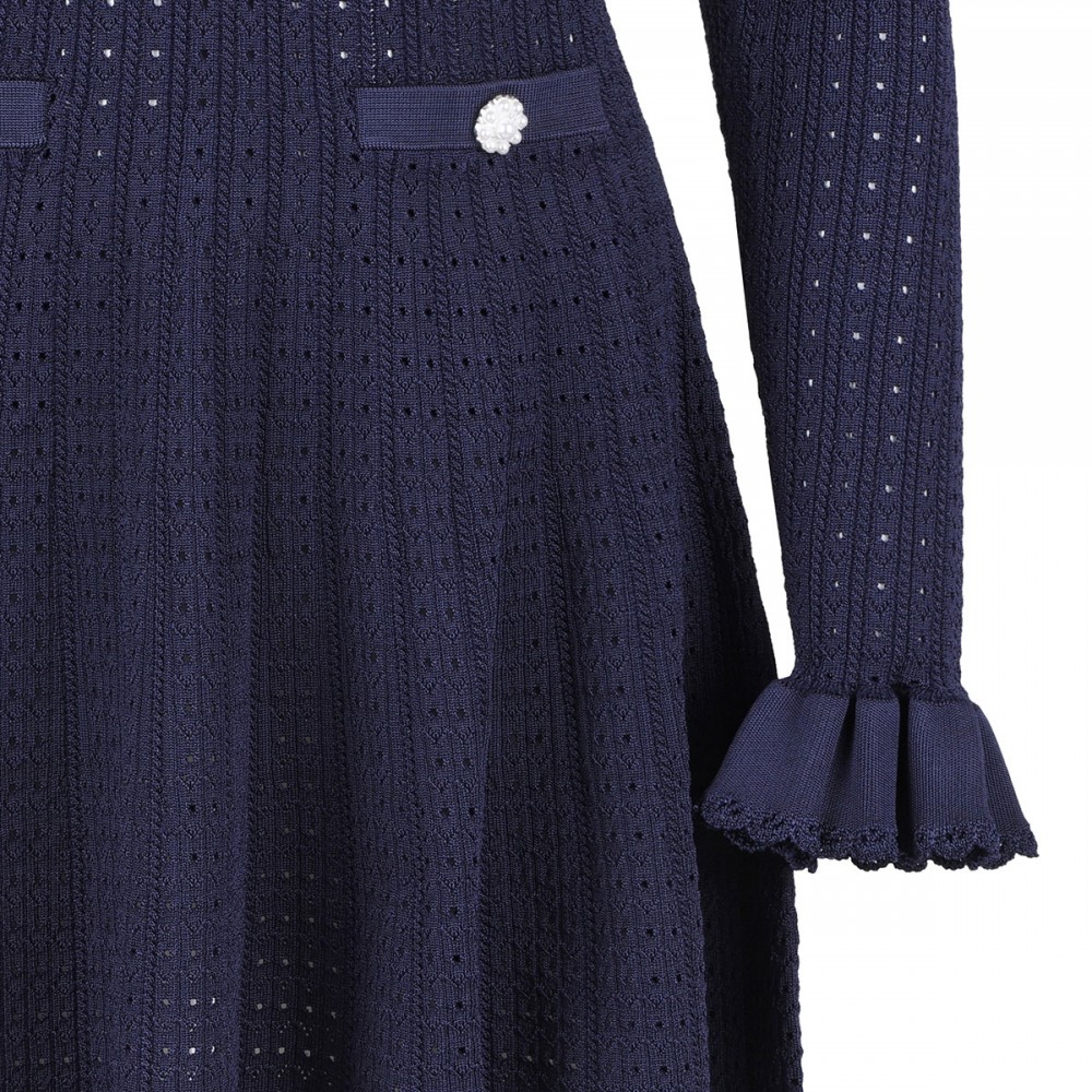 Navy pointelle knit mini dress