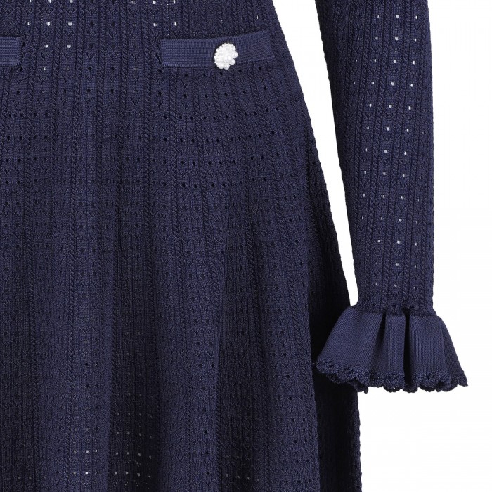 Navy pointelle knit mini dress