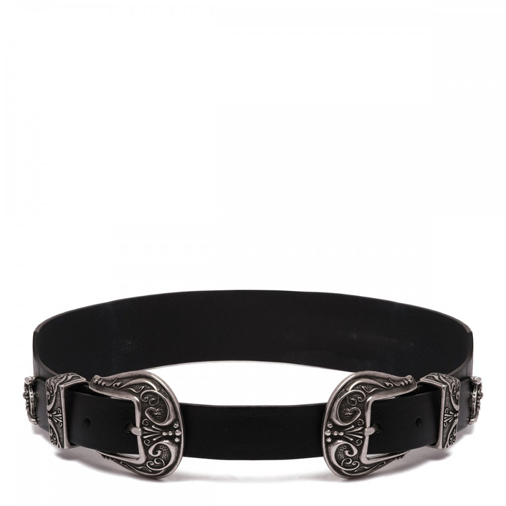 Black leather belt with double buckle