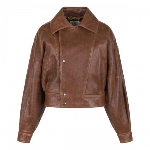 Leather short bomber jacket