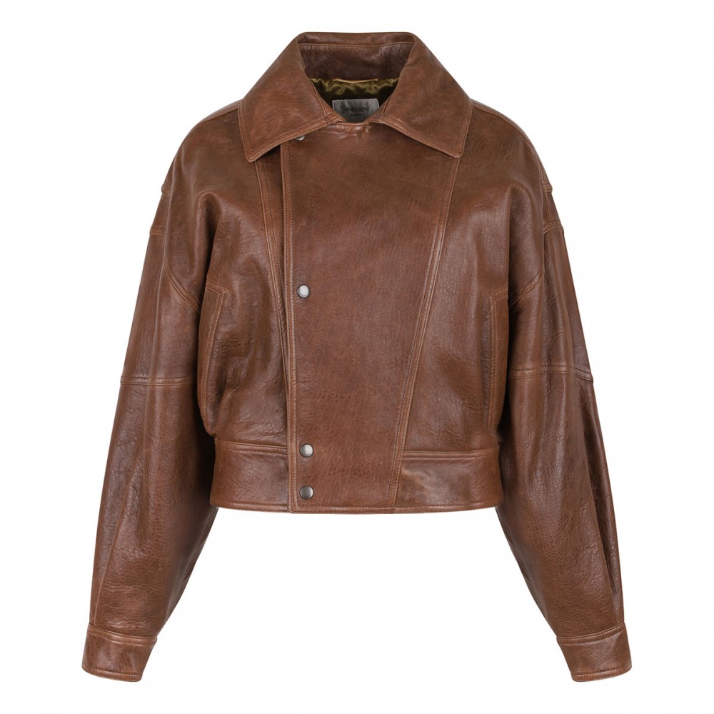 Leather short bomber jacket