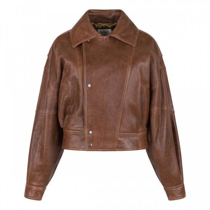 Leather short bomber jacket