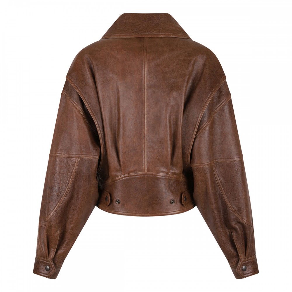 Leather short bomber jacket