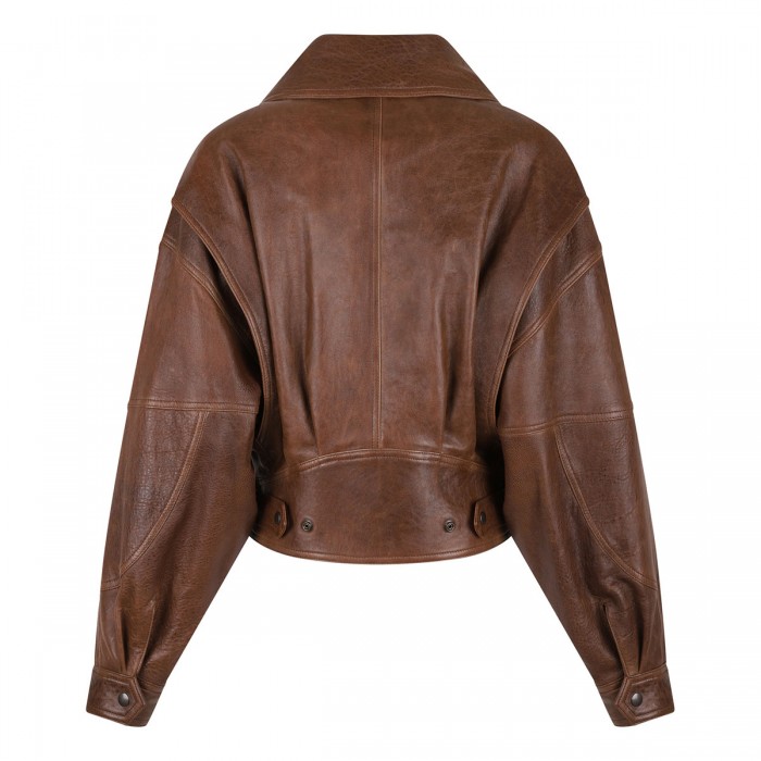 Leather short bomber jacket