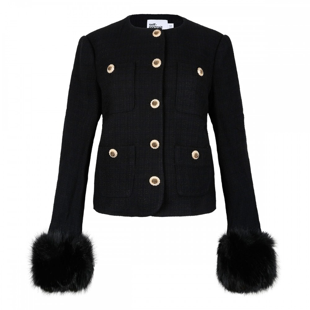 Black bouclé fur cuff jacket