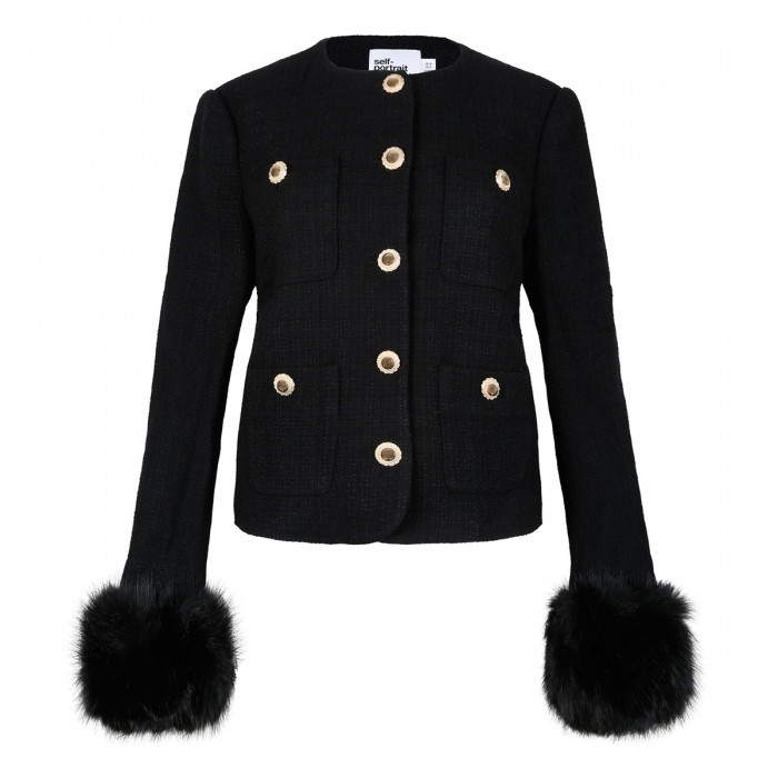 Black bouclé fur cuff jacket