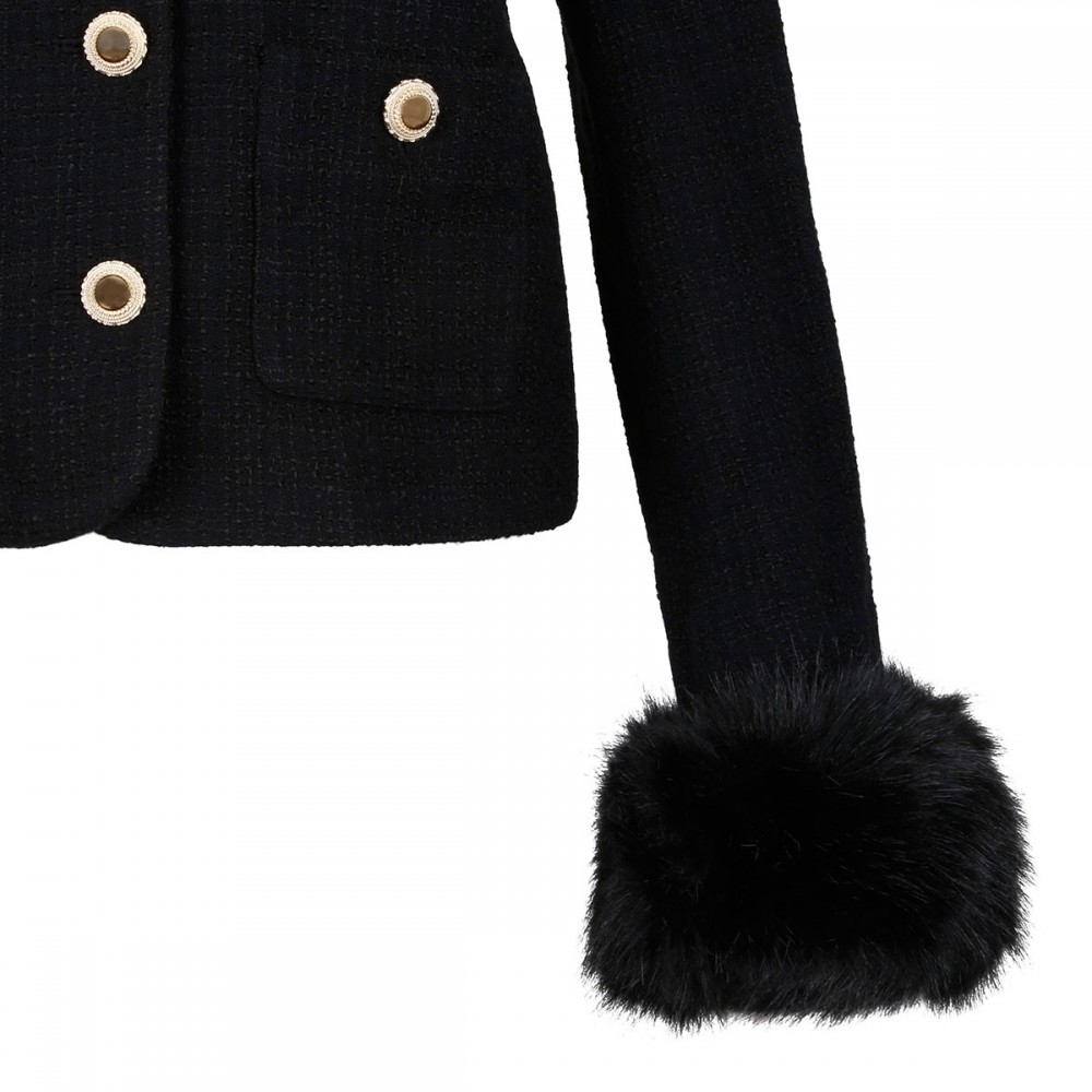 Black bouclé fur cuff jacket