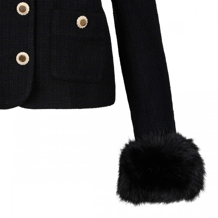 Black bouclé fur cuff jacket