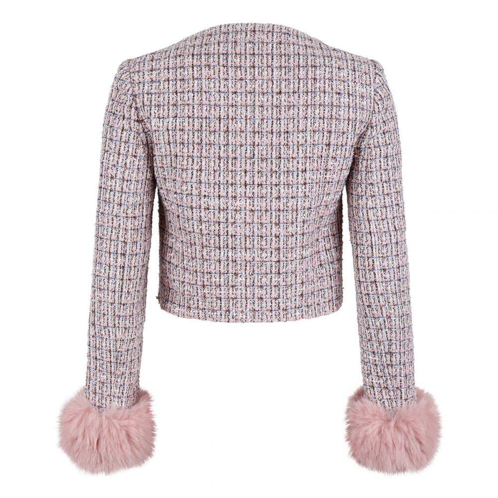 Pink bouclé fur cuff jacket