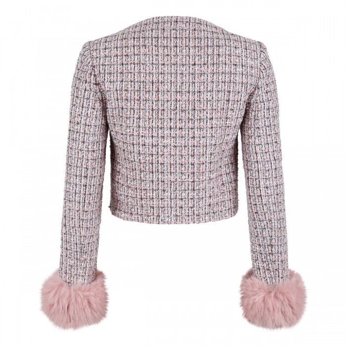 Pink bouclé fur cuff jacket