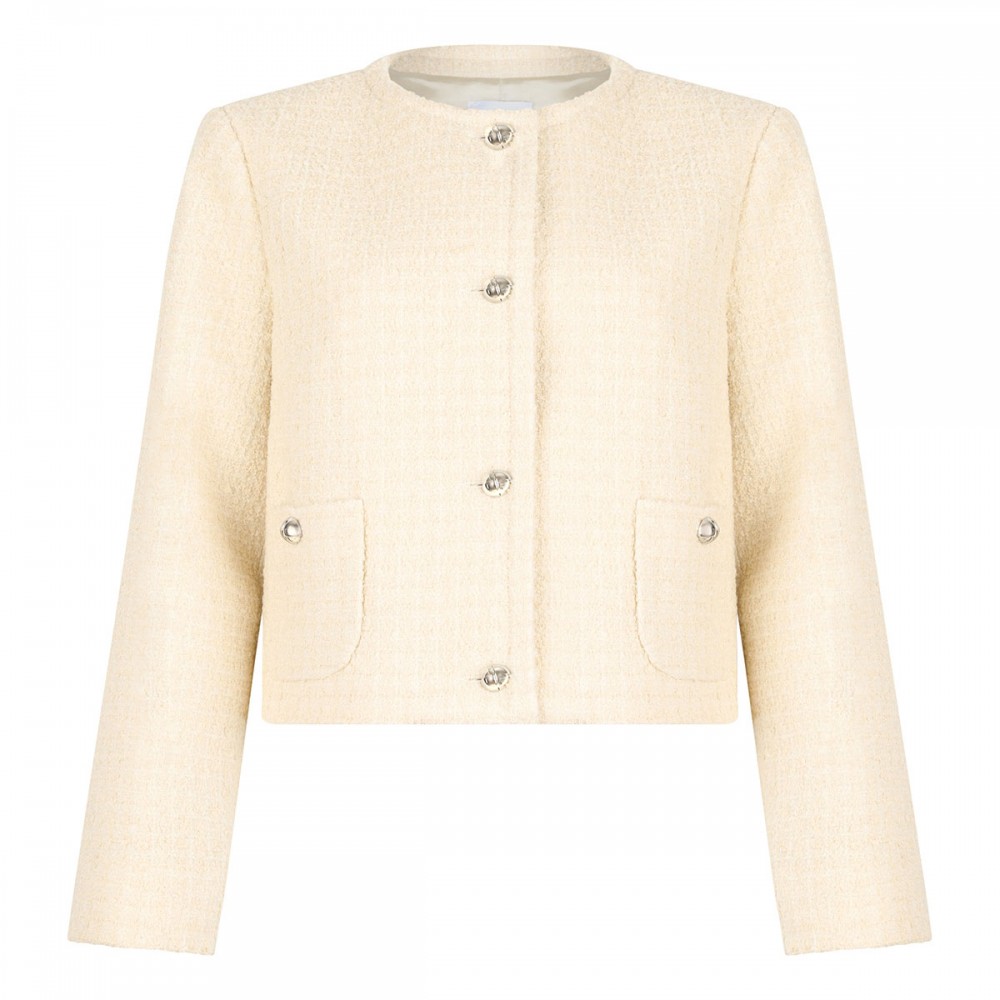Wool blend tweed collarless jacket