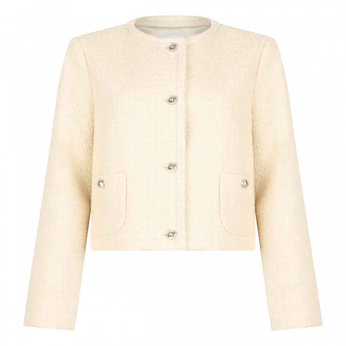 Wool blend tweed collarless jacket