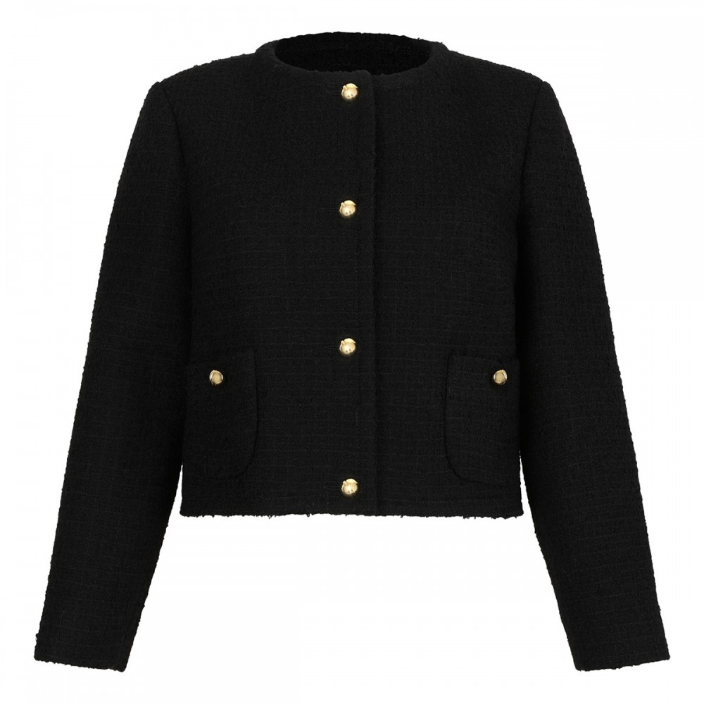 Wool blend tweed collarless jacket