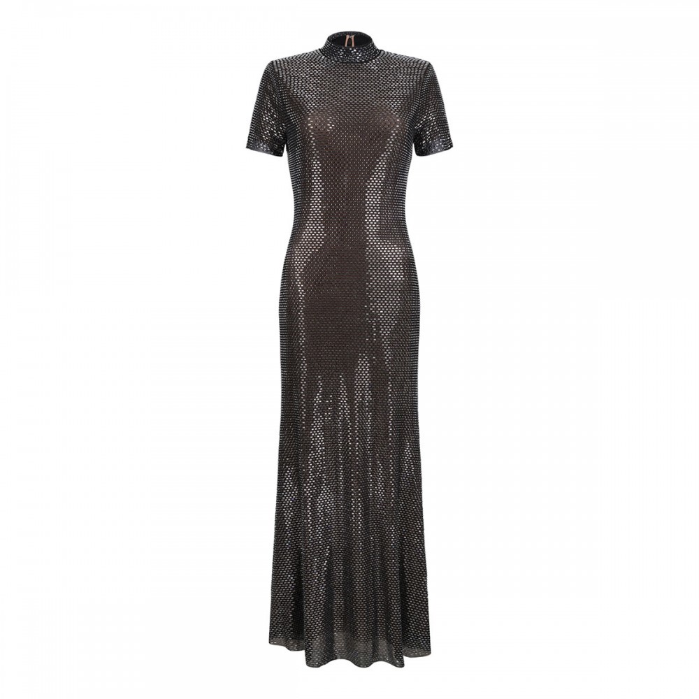 Gunmetal rhinestone mesh midi dress