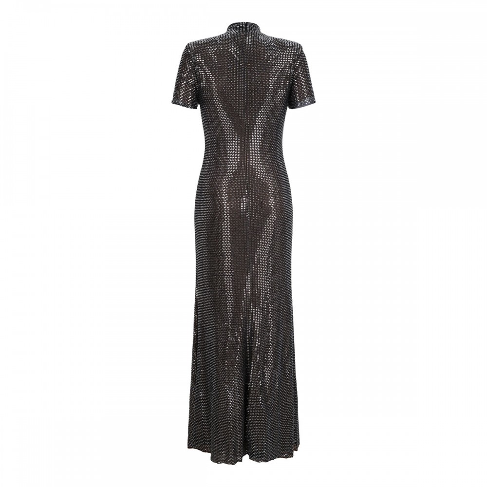 Gunmetal rhinestone mesh midi dress