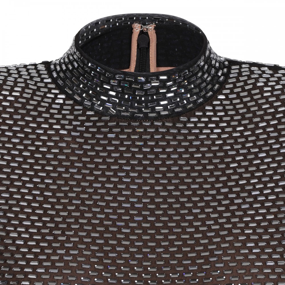 Gunmetal rhinestone mesh midi dress