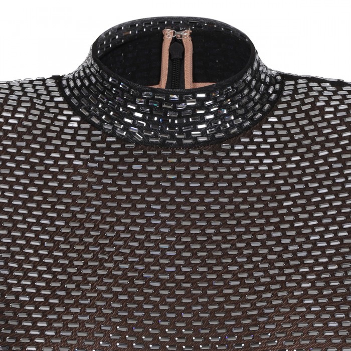 Gunmetal rhinestone mesh midi dress