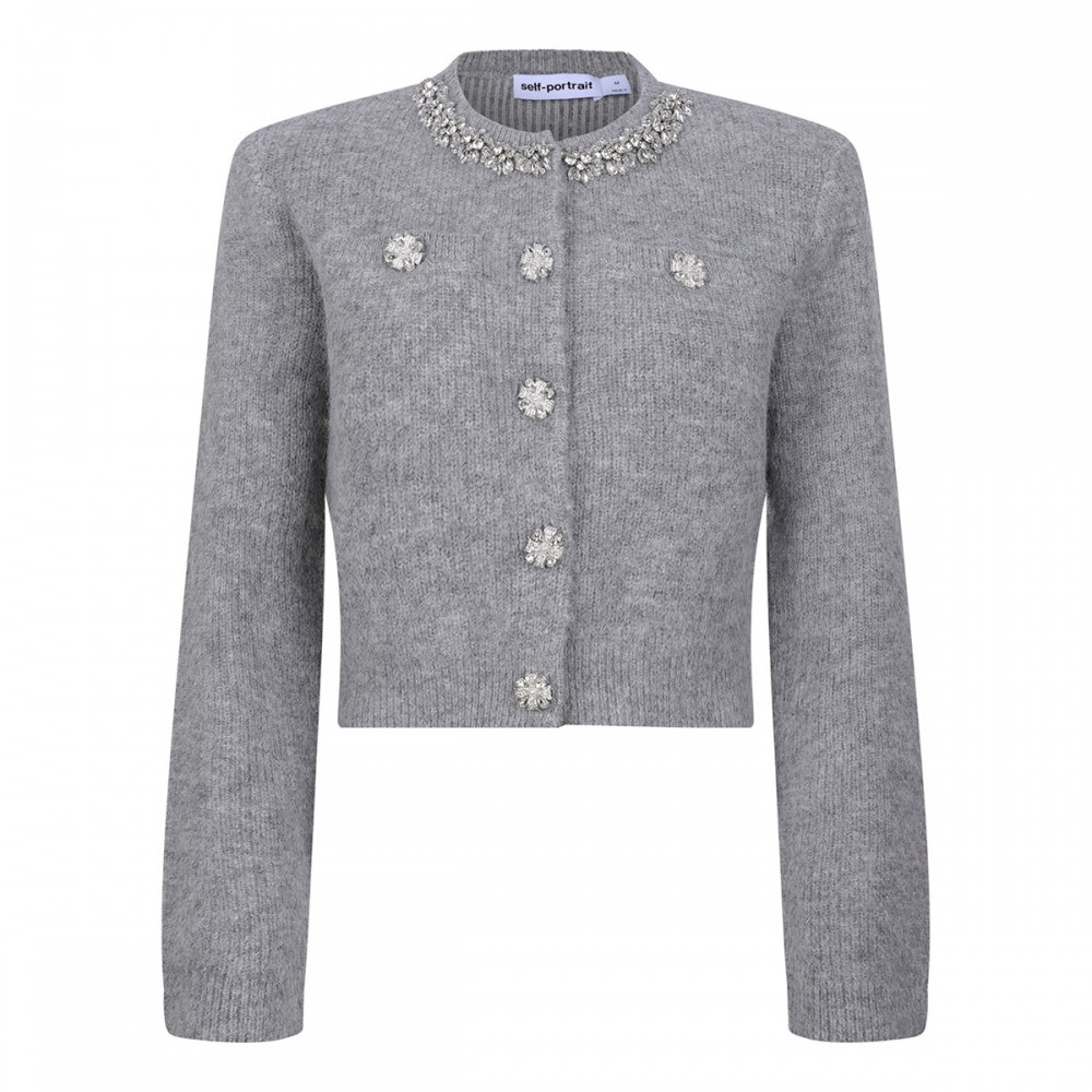 Grey fluffy crystal trim cardigan