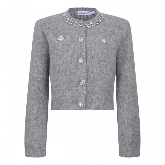 Grey fluffy crystal trim cardigan