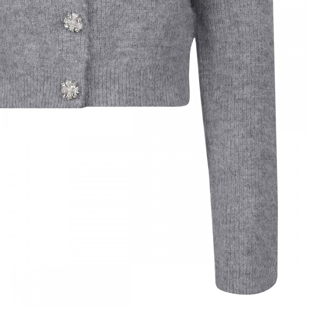 Grey fluffy crystal trim cardigan